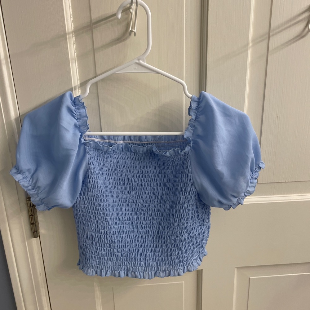 shein smocked blue puffy sleeve top
